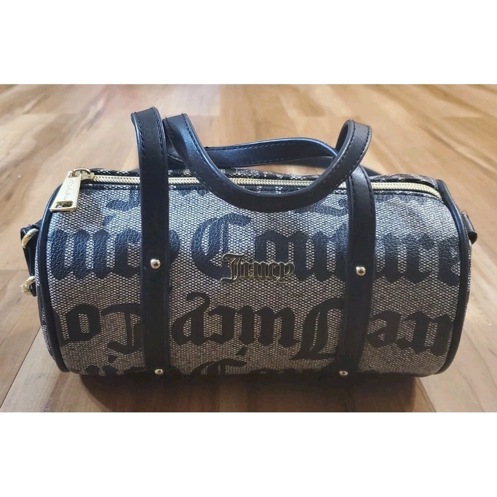 Juicy Couture Y2K Gothic Logo Barrel Bag Mini Bowler Black Canvas Shoulder Purse